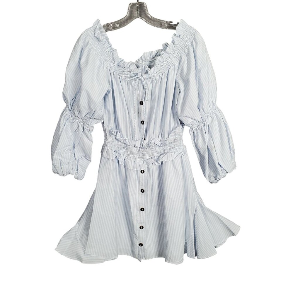 Gianni Bini Size L Dress Off Shoulder Puff Sleeve Coastal Stripe Country Cottage - Picture 2 of 12
